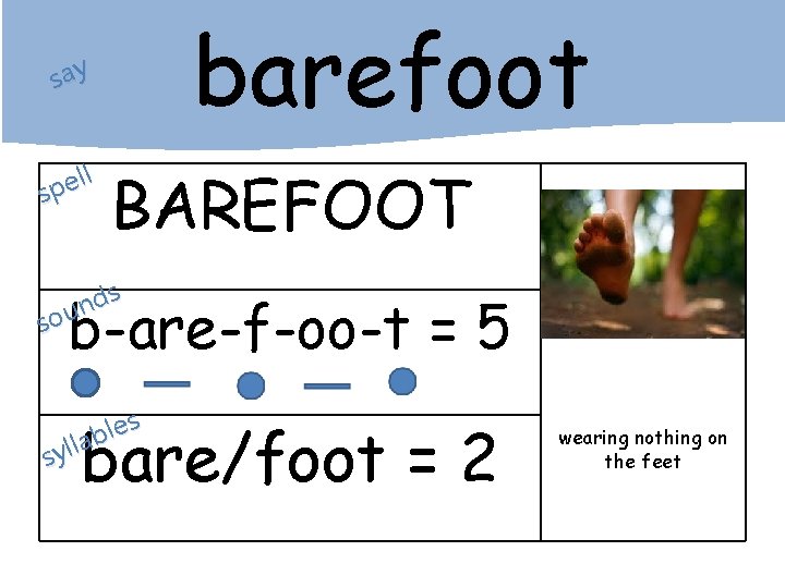 barefoot say ll e p s BAREFOOT s d n sou b-are-f-oo-t = 5