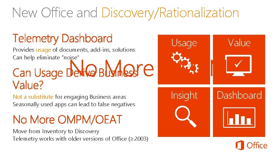 New Office and Discovery/Rationalization Provides usage of documents, add-ins, solutions Can help eliminate “noise”