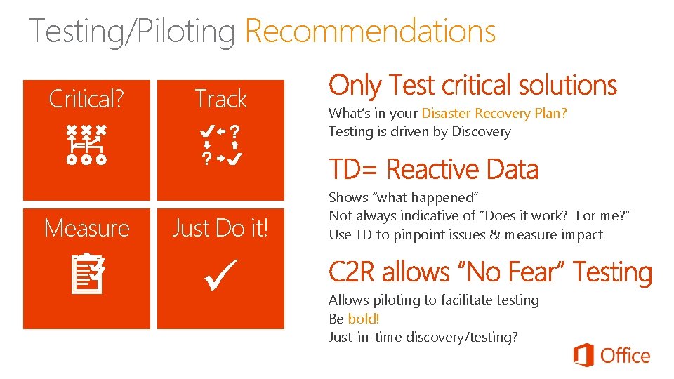 Testing/Piloting Recommendations Critical? Measure Track Just Do it! What’s in your Disaster Recovery Plan?