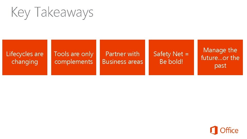 Key Takeaways Lifecycles are changing Tools are only complements Partner with Business areas Safety