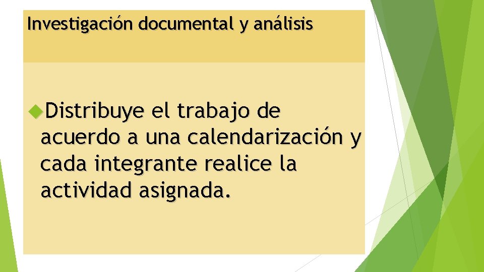 Investigación documental y análisis Distribuye el trabajo de acuerdo a una calendarización y cada