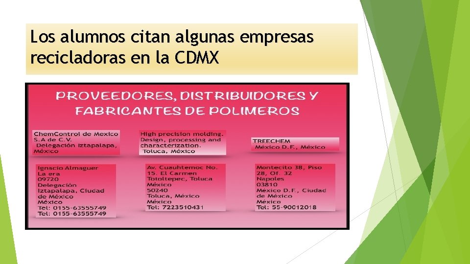 Los alumnos citan algunas empresas recicladoras en la CDMX 