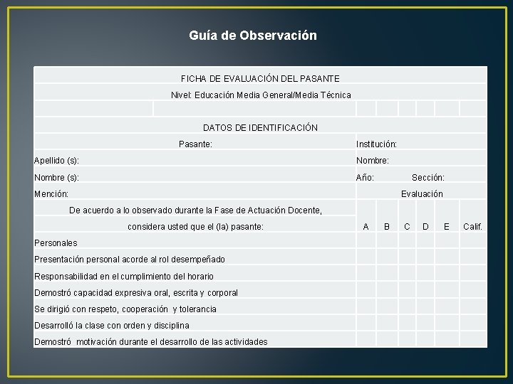 Guía de Observación FICHA DE EVALUACIÓN DEL PASANTE Nivel: Educación Media General/Media Técnica DATOS Guía de Observación FICHA DE EVALUACIÓN DEL PASANTE Nivel: Educación Media General/Media Técnica DATOS