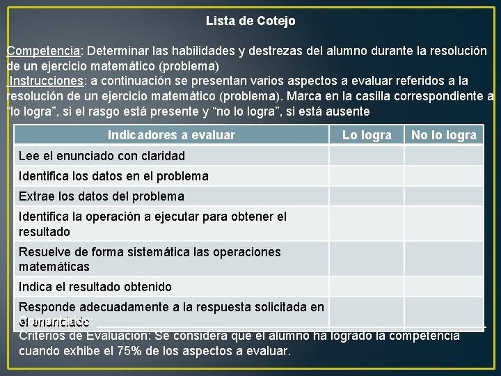 Lista de Cotejo Competencia: Determinar las habilidades y destrezas del alumno durante la resolución Lista de Cotejo Competencia: Determinar las habilidades y destrezas del alumno durante la resolución