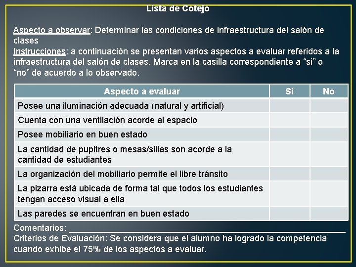 Lista de Cotejo Aspecto a observar: Determinar las condiciones de infraestructura del salón de Lista de Cotejo Aspecto a observar: Determinar las condiciones de infraestructura del salón de