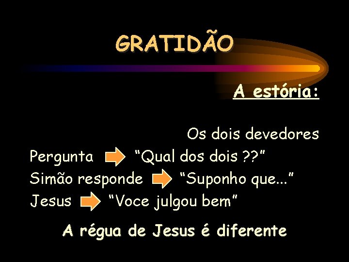 GRATIDÃO A estória: Os dois devedores Pergunta “Qual dos dois ? ? ” Simão