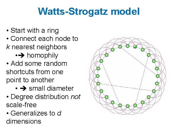Watts-Strogatz model • Start with a ring • Connect each node to k nearest