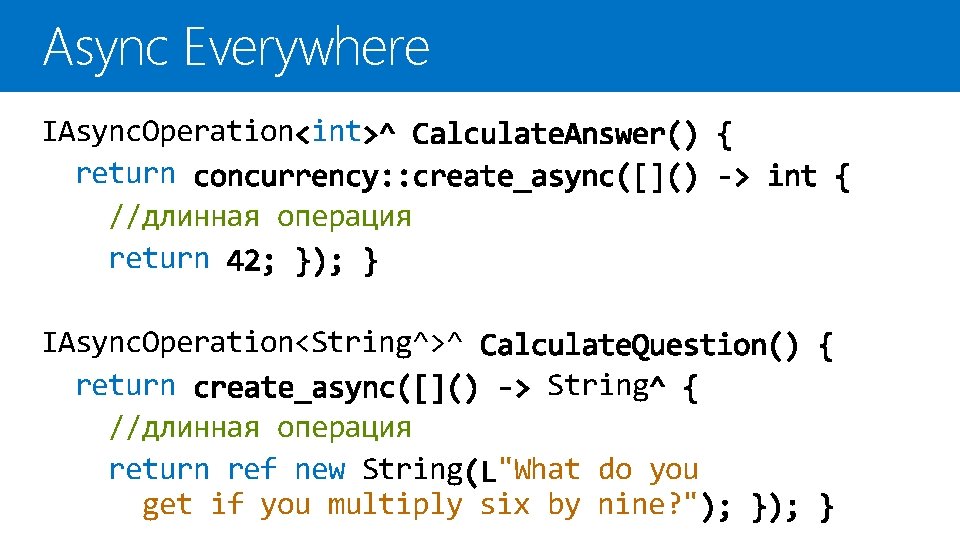 Async Everywhere IAsync. Operation int return //длинная операция return IAsync. Operation<String^>^ return String //длинная