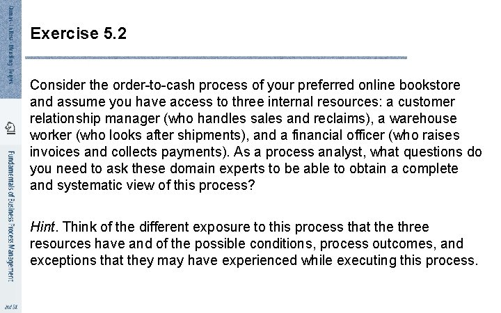 Exercise 5. 2 Consider the order-to-cash process of your preferred online bookstore and assume