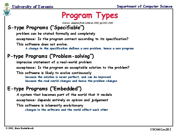 Department of Computer Science University of Toronto Program Types Source: Adapted from Lehman 1980,