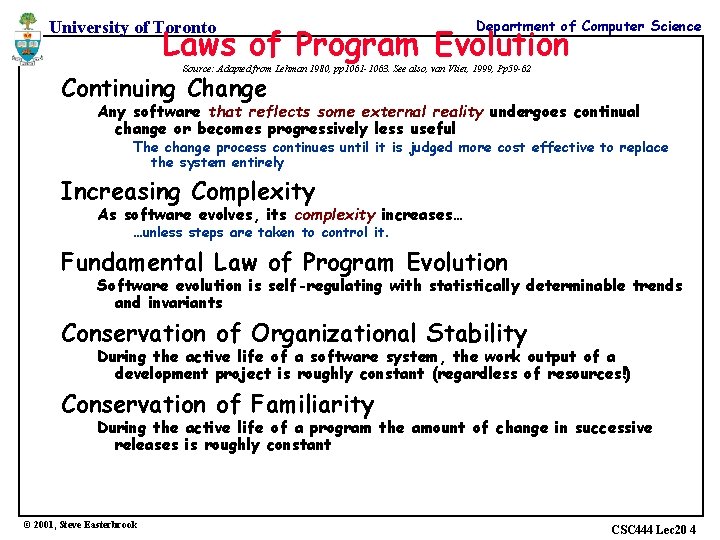 University of Toronto Department of Computer Science Laws of Program Evolution Source: Adapted from