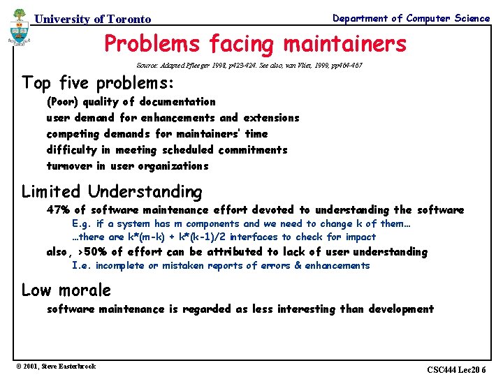 University of Toronto Department of Computer Science Problems facing maintainers Source: Adapted Pfleeger 1998,