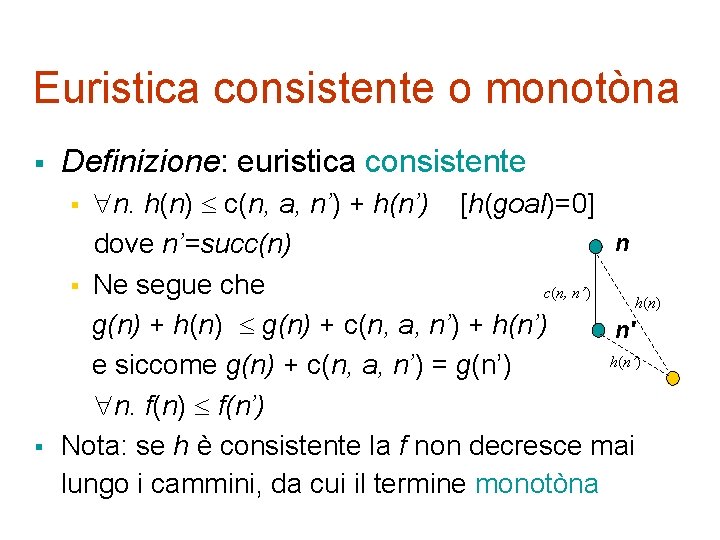 Euristica consistente o monotòna § Definizione: euristica consistente n. h(n) c(n, a, n’) +