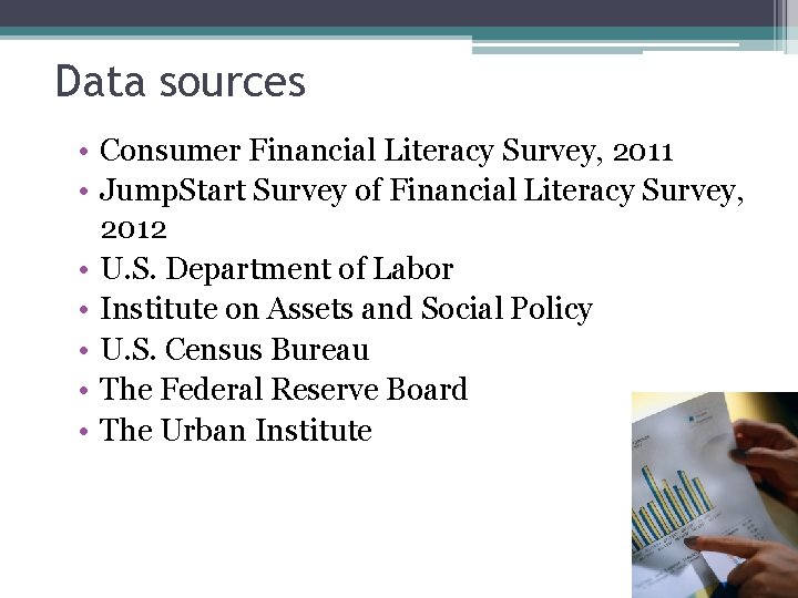 Data sources • Consumer Financial Literacy Survey, 2011 • Jump. Start Survey of Financial
