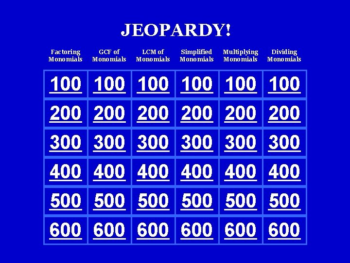 JEOPARDY! Factoring Monomials GCF of Monomials LCM of Monomials Simplified Monomials Multiplying Monomials Dividing JEOPARDY! Factoring Monomials GCF of Monomials LCM of Monomials Simplified Monomials Multiplying Monomials Dividing