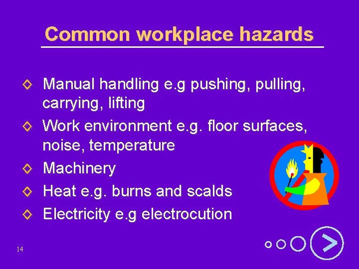 Common workplace hazards ◊ Manual handling e. g pushing, pulling, carrying, lifting ◊ Work