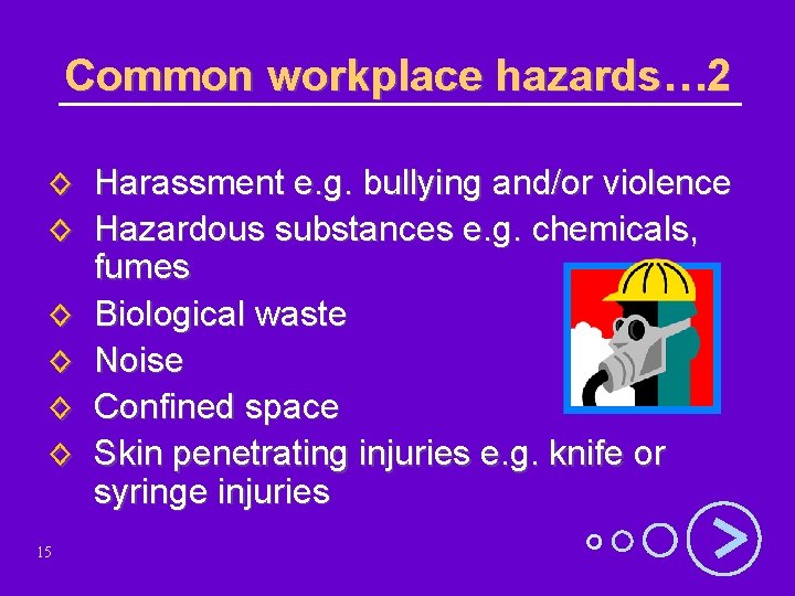 Common workplace hazards… 2 ◊ Harassment e. g. bullying and/or violence ◊ Hazardous substances