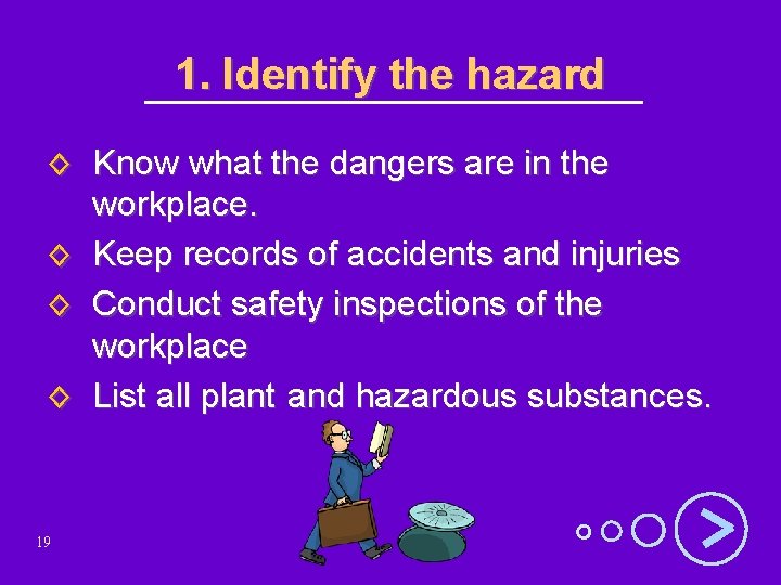 1. Identify the hazard ◊ Know what the dangers are in the workplace. ◊