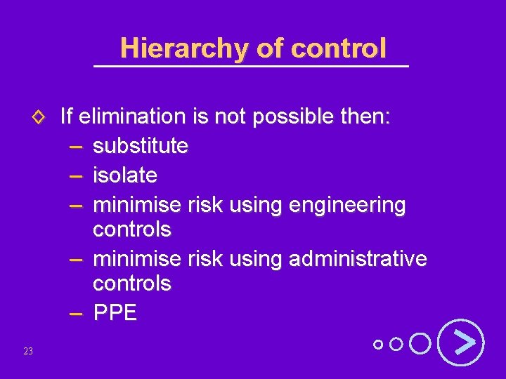 Hierarchy of control ◊ If elimination is not possible then: – substitute – isolate