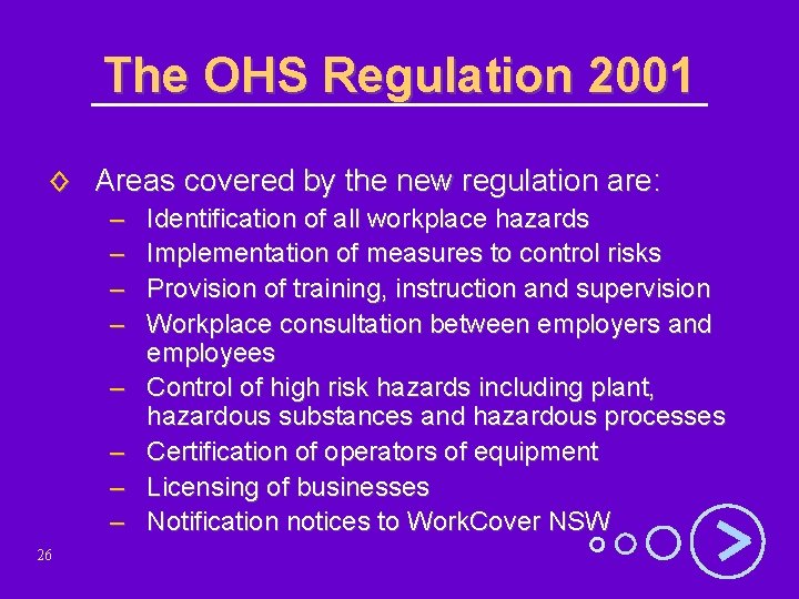 The OHS Regulation 2001 ◊ Areas covered by the new regulation are: – –