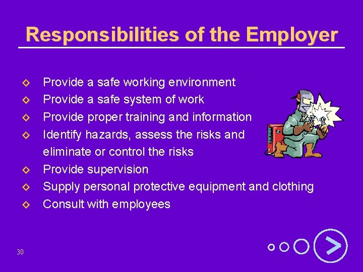 Responsibilities of the Employer ◊ ◊ Provide a safe working environment Provide a safe