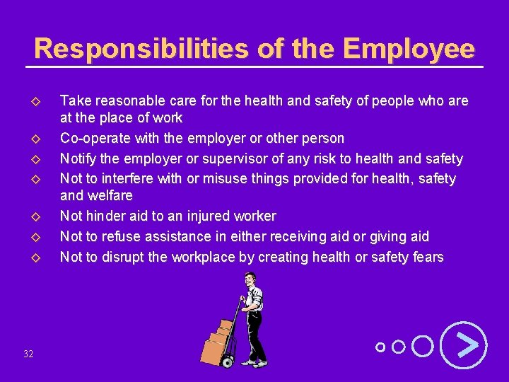 Responsibilities of the Employee ◊ ◊ ◊ ◊ 32 Take reasonable care for the