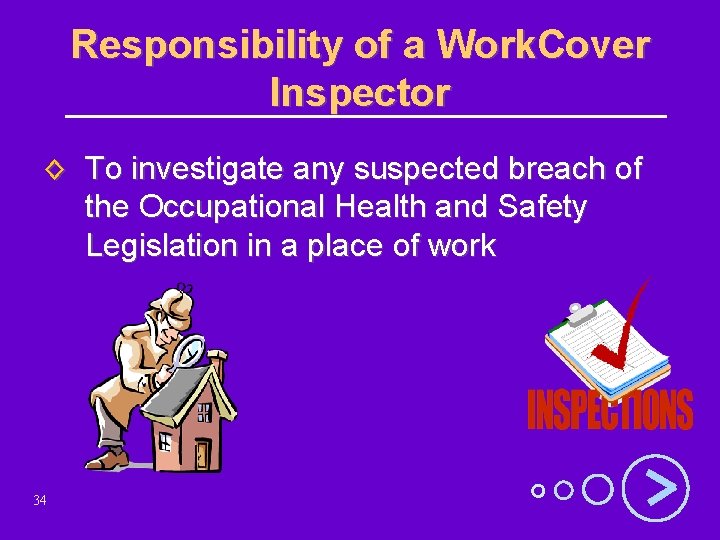Responsibility of a Work. Cover Inspector ◊ To investigate any suspected breach of the
