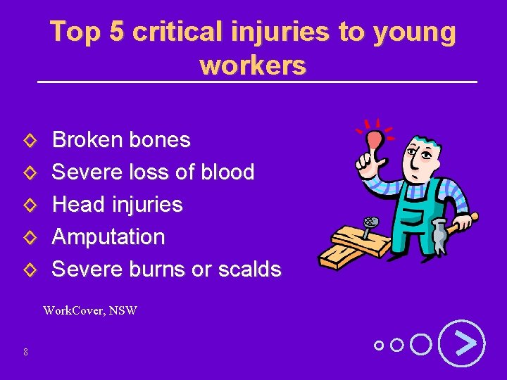 Top 5 critical injuries to young workers ◊ ◊ ◊ Broken bones Severe loss