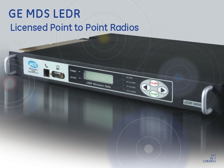 GE MDS LEDR Licensed Point to Point Radios 14 / GE / 2/20/2021 GE MDS LEDR Licensed Point to Point Radios 14 / GE / 2/20/2021