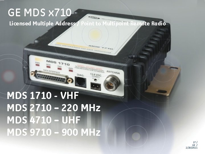GE MDS x 710 Licensed Multiple Address / Point to Multipoint Remote Radio MDS GE MDS x 710 Licensed Multiple Address / Point to Multipoint Remote Radio MDS
