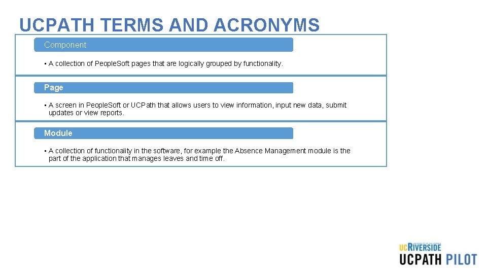 UCPATH TERMS AND ACRONYMS Component • A collection of People. Soft pages that are UCPATH TERMS AND ACRONYMS Component • A collection of People. Soft pages that are