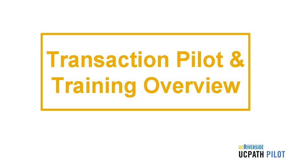 Transaction Pilot & Training Overview Transaction Pilot & Training Overview