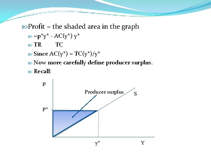  Profit = the shaded area in the graph =p*y* - AC(y*) y* TR