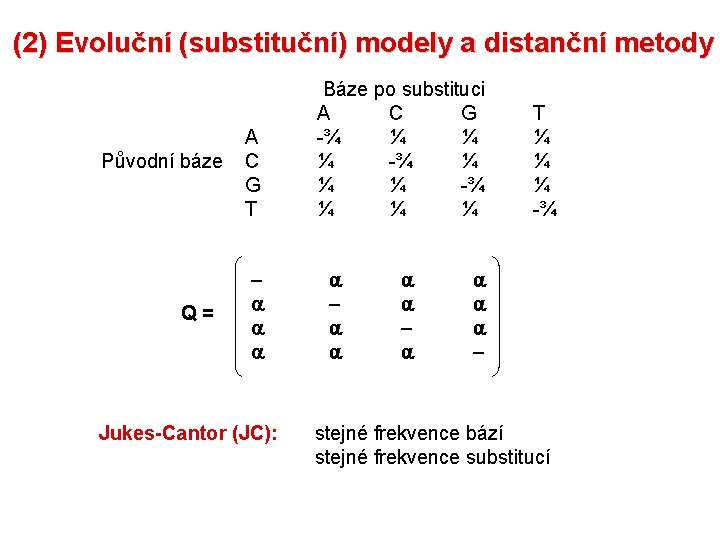 (2) Evoluční (substituční) modely a distanční metody Původní báze Q= A C G T