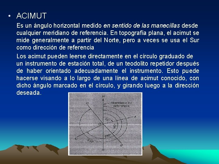  • ACIMUT Es un ángulo horizontal medido en sentido de las manecillas desde