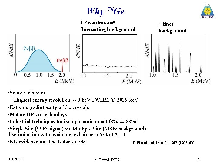 Why 76 Ge + “continuous” fluctuating background + lines background • Source=detector • Highest