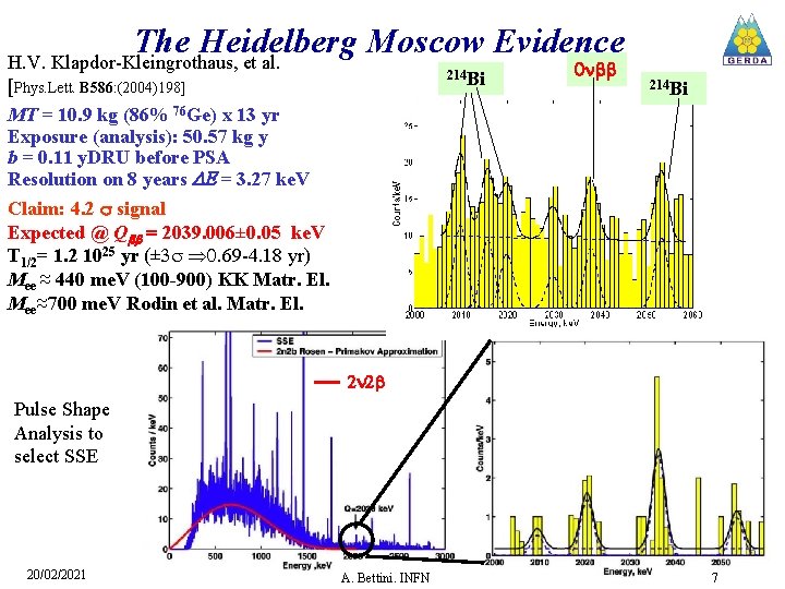 The Heidelberg Moscow Evidence H. V. Klapdor-Kleingrothaus, et al. 214 Bi [Phys. Lett. B