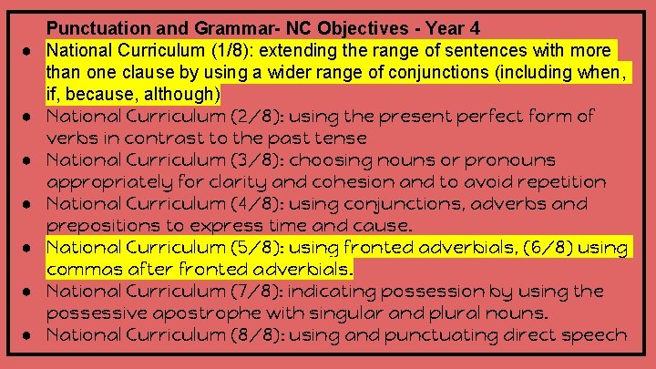 ● ● ● ● Punctuation and Grammar- NC Objectives - Year 4 National Curriculum