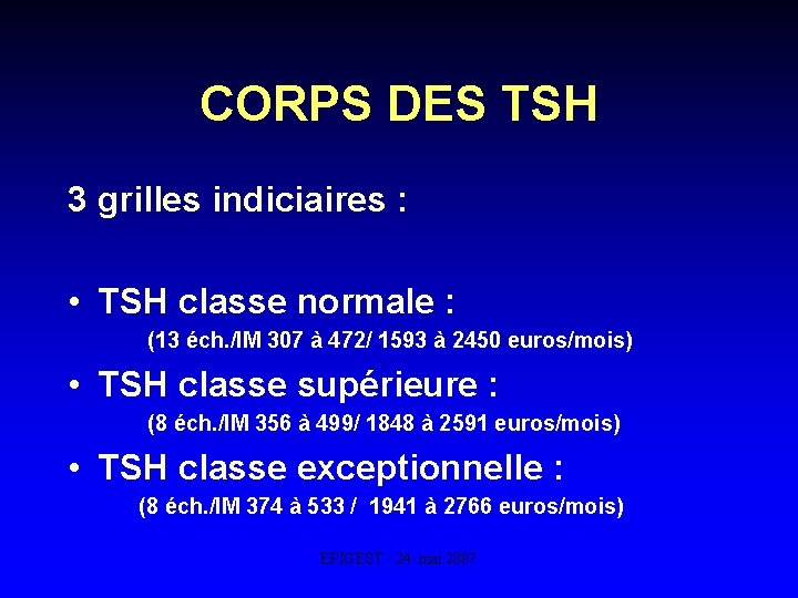 CORPS DES TSH 3 grilles indiciaires : • TSH classe normale : (13 éch.
