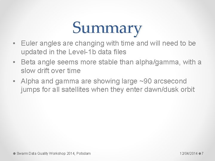 Summary • Euler angles are changing with time and will need to be updated