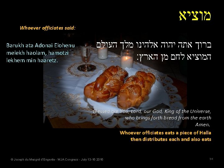  מוציא Whoever officiates said: Barukh ata Adonai Elohenu melekh haolam, hamotzi lekhem min