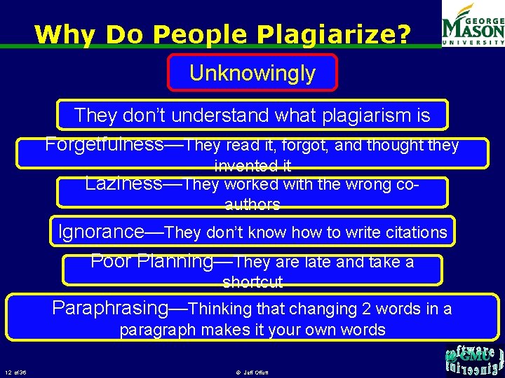 Why Do People Plagiarize? Unknowingly They don’t understand what plagiarism is Forgetfulness—They read it,