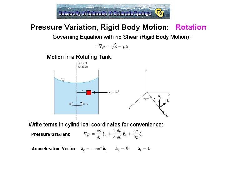 Pressure Variation, Rigid Body Motion: Rotation Governing Equation with no Shear (Rigid Body Motion):