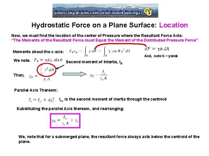 Hydrostatic Force on a Plane Surface: Location Now, we must find the location of