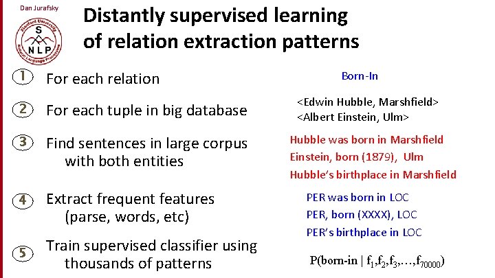 Dan Jurafsky 1 Distantly supervised learning of relation extraction patterns For each relation 2