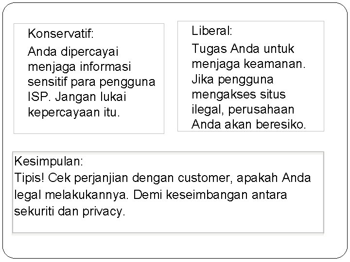 Konservatif: Anda dipercayai menjaga informasi sensitif para pengguna ISP. Jangan lukai kepercayaan itu. Liberal: