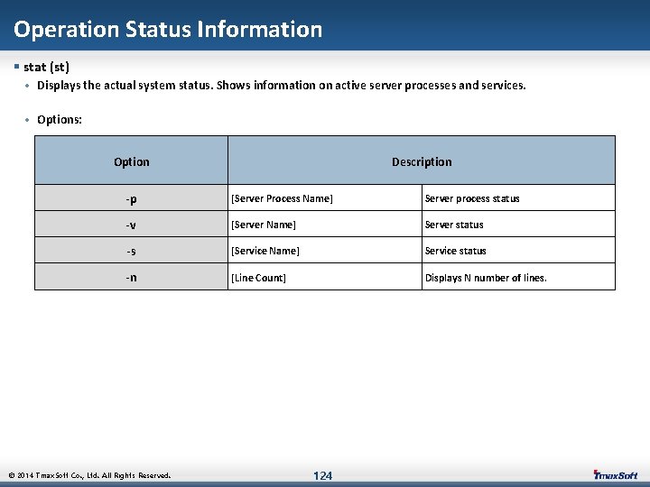 Operation Status Information § stat (st) • Displays the actual system status. Shows information