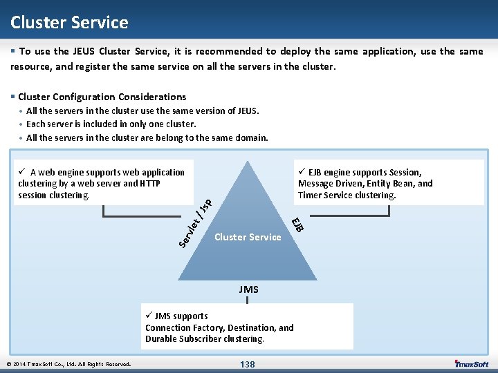 Cluster Service § To use the JEUS Cluster Service, it is recommended to deploy