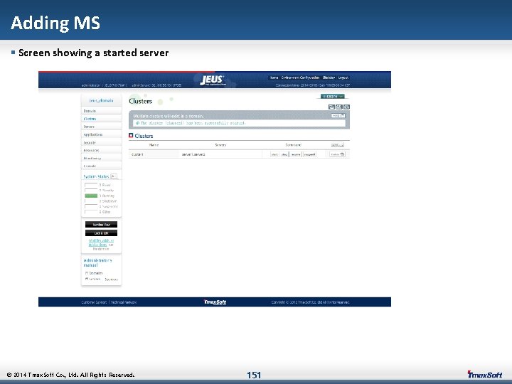 Adding MS § Screen showing a started server © 2014 Tmax. Soft Co. ,