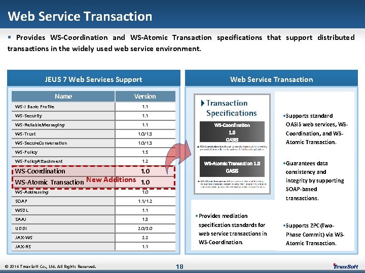 Web Service Transaction § Provides WS-Coordination and WS-Atomic Transaction specifications that support distributed transactions